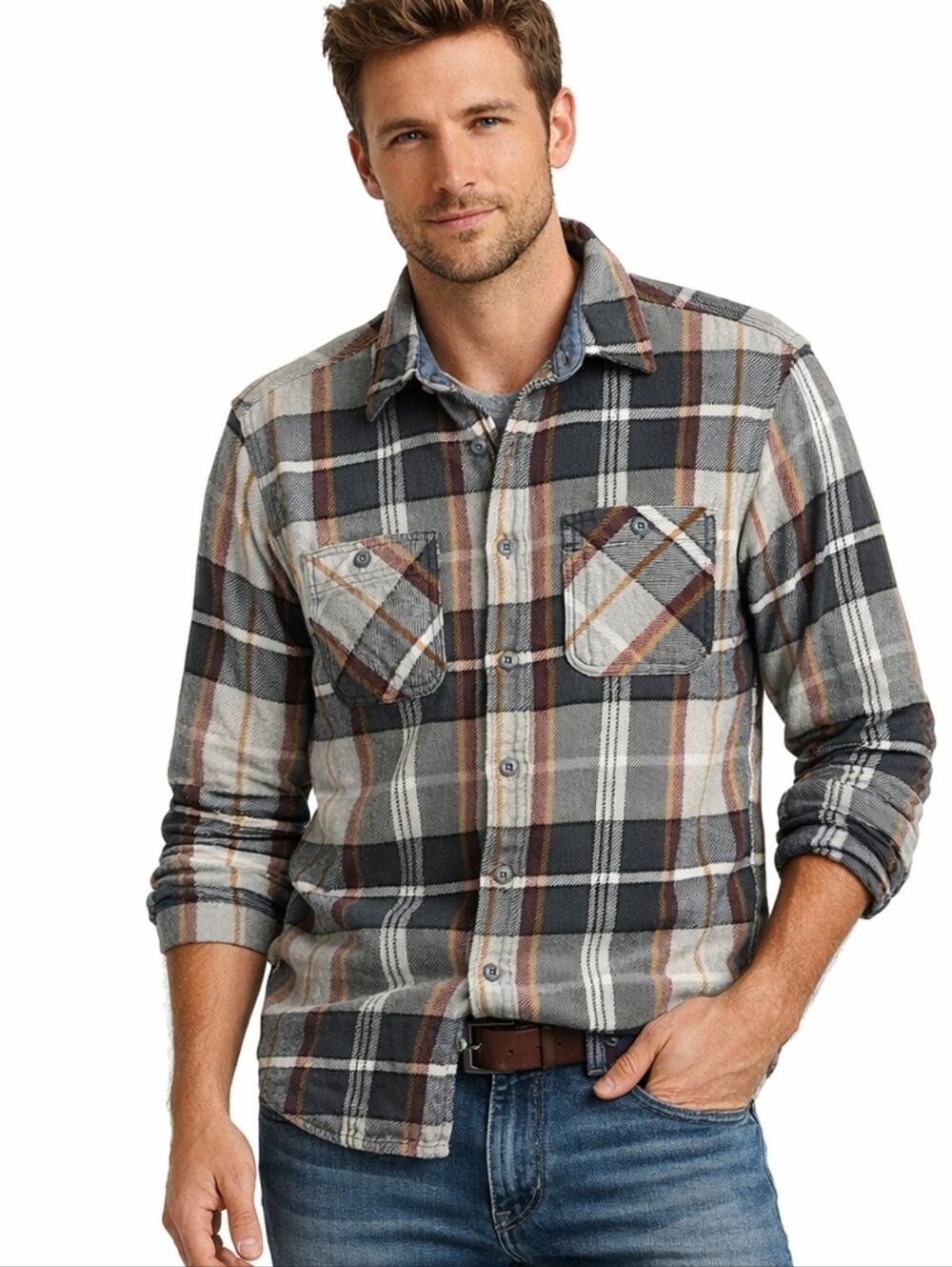 Lands’ End Flannel Shirt Men M Charcoal Plaid Traditional Fit Cotton Button Down